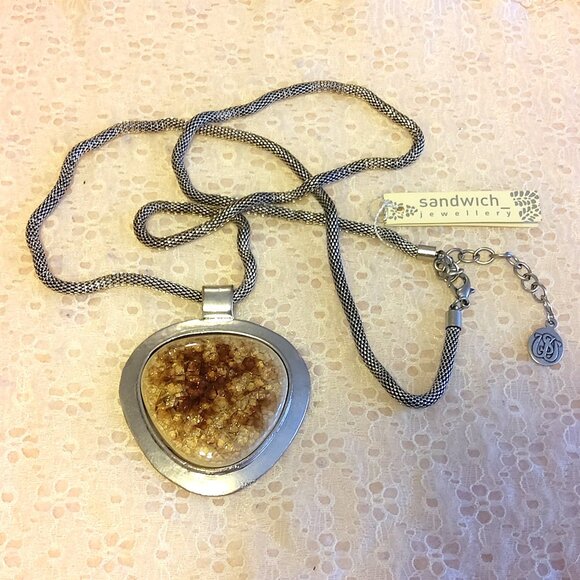 Vintage NEW sandwich jewellery Brown Clear Crystal Art Deco Silver Necklace - Picture 2 of 8